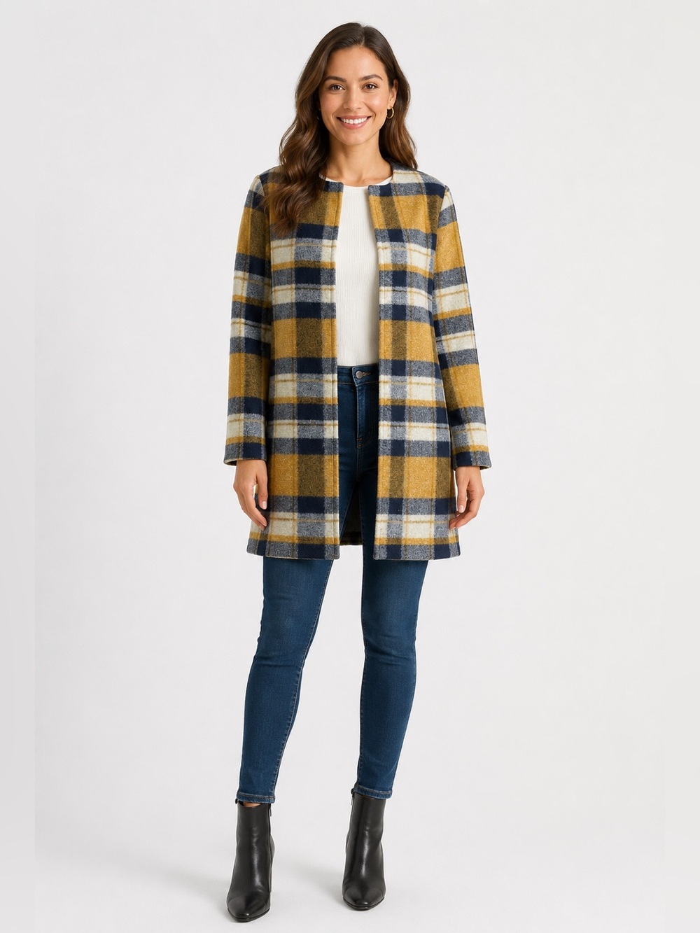 Cynthia Rowley Women's M Checker Pattern Plaid Wool Blend Open Front Tweed Coat